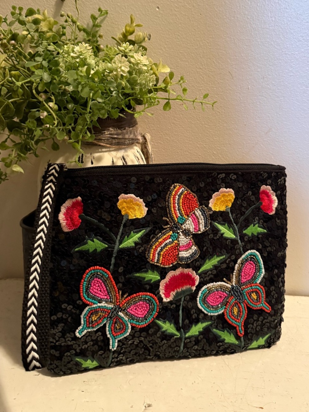 Black Embroidered Butterfly Sequin Wristlet Clutch - Picture 1 of 5